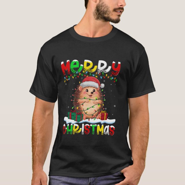 Julafton Lighting Santa Hat Hedgehog God jul T Shirt (Framsida)