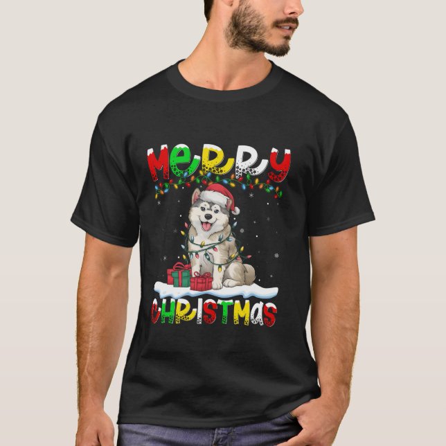 Julafton Lighting Santa Hat Malamute Hund Merry Ch T Shirt (Framsida)
