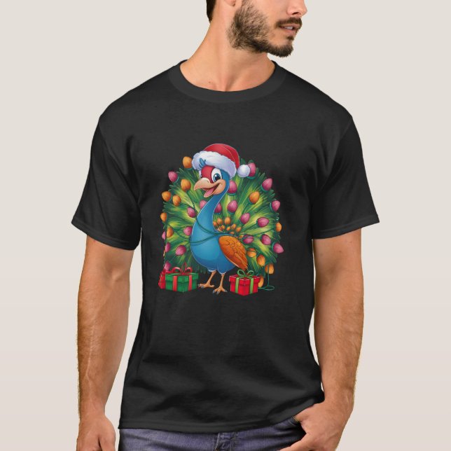 Julafton Lighting Santa Hat Peacock Bird-jul T Shirt (Framsida)