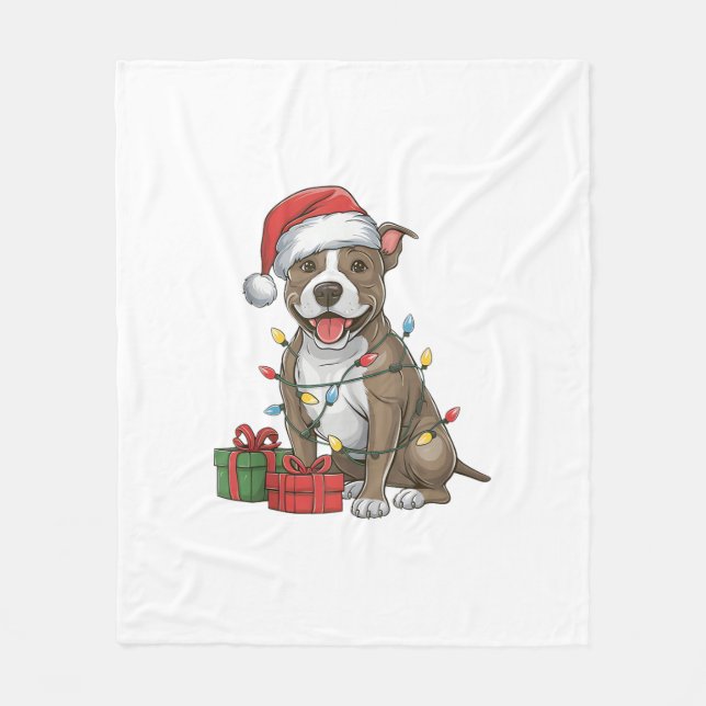 Julafton Lighting Santa Hat Pitbull Terrier Hund K Fleecefilt (Framsidan)
