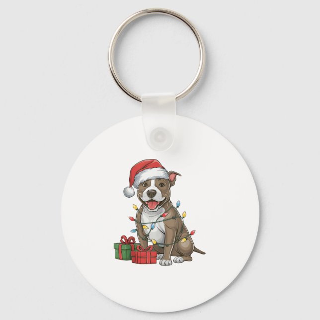 Julafton Lighting Santa Hat Pitbull Terrier Hund K Nyckelring (Framsida)