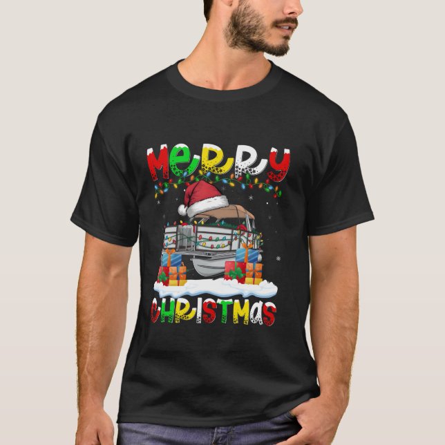 Julafton Lighting Santa Hat Pontoon Boat Merry Chr T Shirt (Framsida)