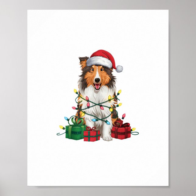 Julafton Lighting Santa Hat Rough Collie Hund jul Poster (Framsidan)