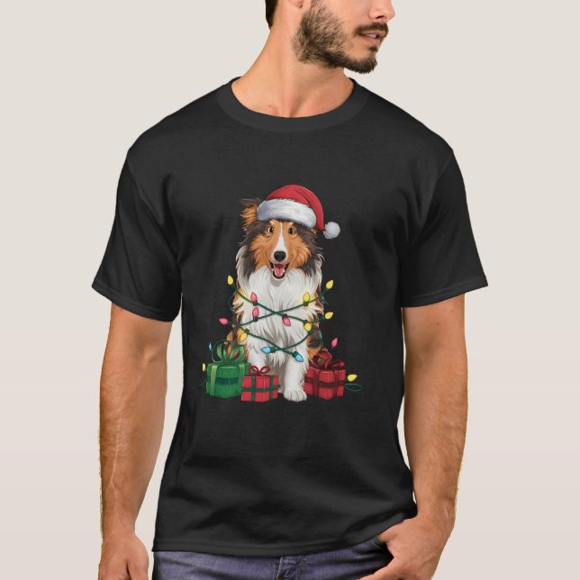 Julafton Lighting Santa Hat Rough Collie Hund jul T Shirt (Framsida)