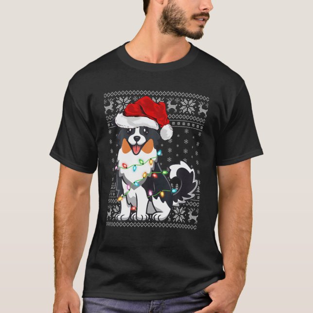 Julafton Lighting Santa Hat Ugly Australian shephe T Shirt (Framsida)