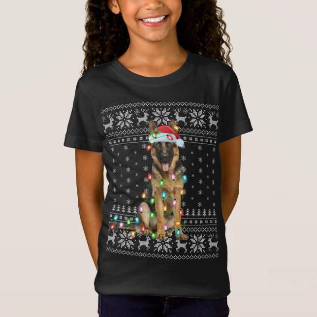 Julafton Lighting Santa Hat Ugly German Shepherd C T Shirt (Framsida)