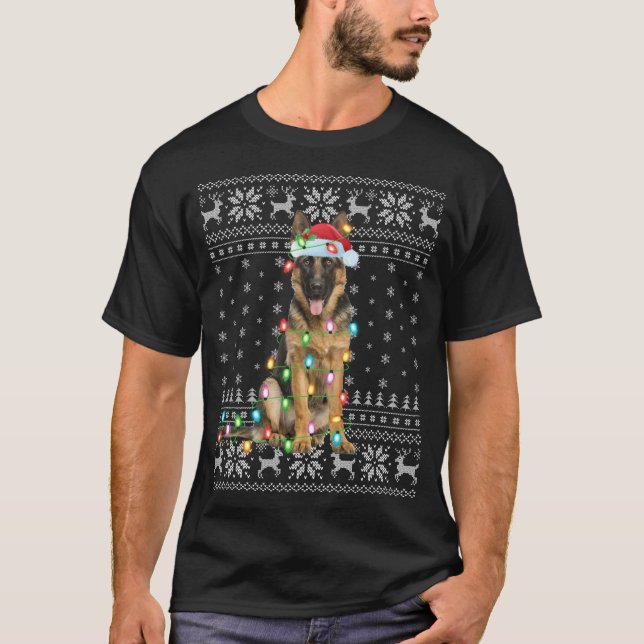 Julafton Lighting Santa Hat Ugly German Shepherd C T Shirt (Framsida)