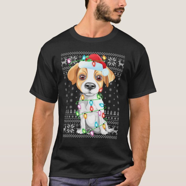 Julafton Lighting Santa Hat Ugly Jack Russell Terr T Shirt (Framsida)