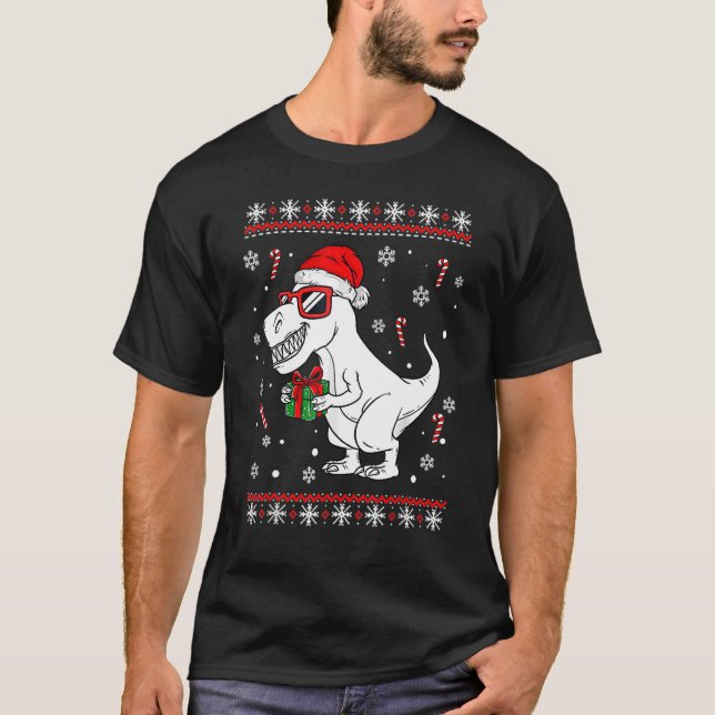 Julafton Lighting Santa Hat Ugly Rex Dinosaurs Chr T Shirt (Framsida)