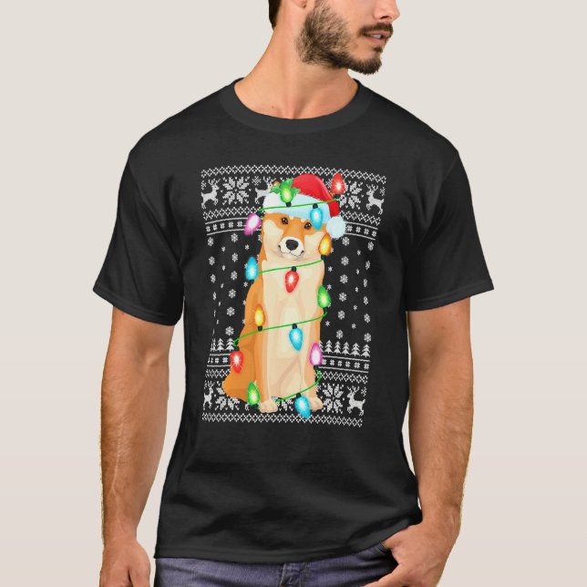 Julafton Lighting Santa Hat Ugly Shiba Inu jul T Shirt (Framsida)