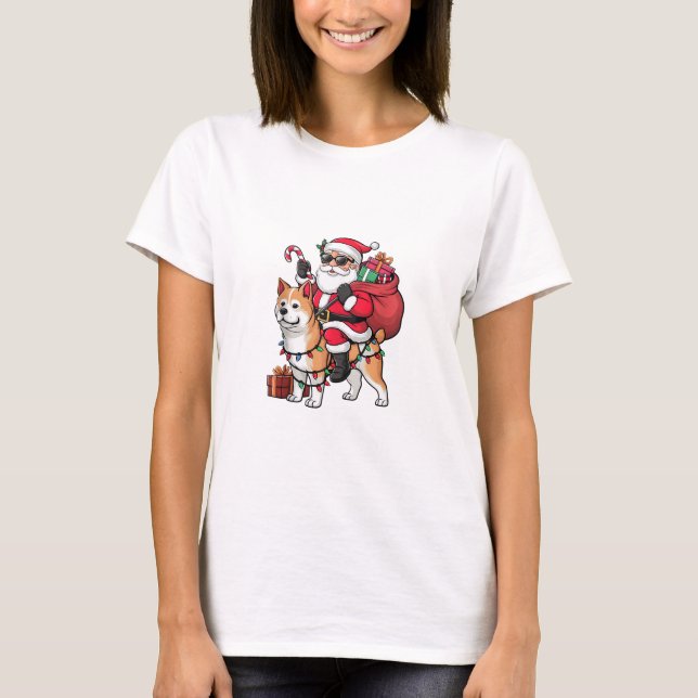 Julafton Lighting Santa Riding Akita Inu Hund jul T Shirt (Framsida)