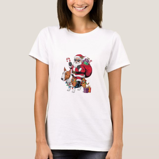 Julafton Lighting Santa Riding Bull Terrier Hund K T Shirt (Framsida)