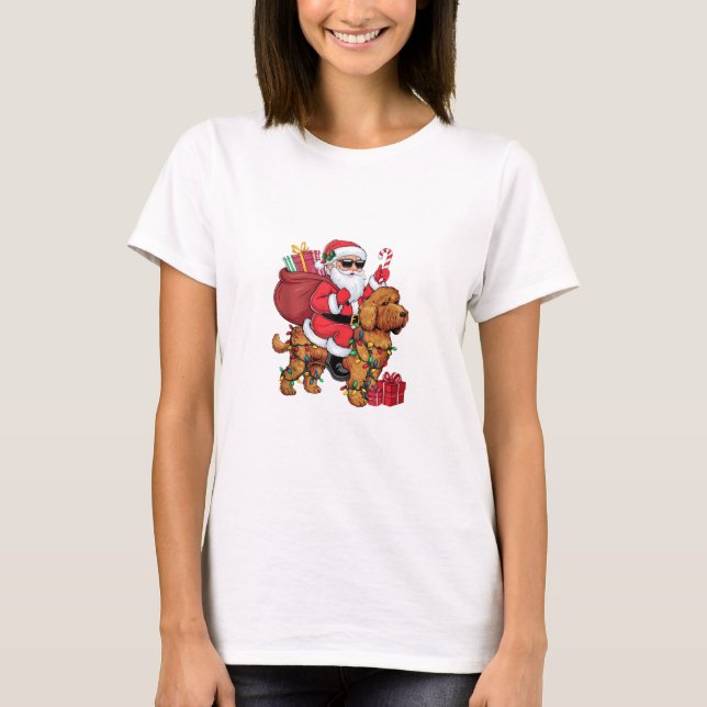 Julafton Lighting Santa Riding Cockapoo Hund jul T Shirt (Framsida)