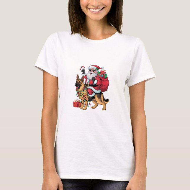 Julafton Lighting Santa Riding German Shepherd Hun T Shirt (Framsida)