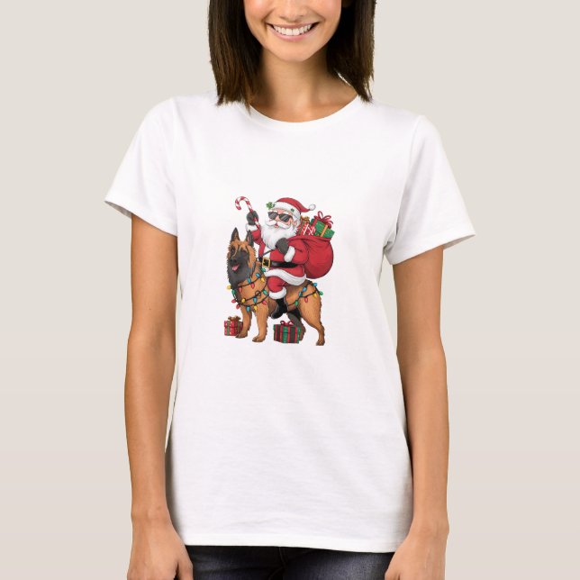 Julafton Lighting Santa Riding German Shepherd Hun T Shirt (Framsida)