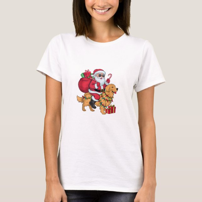 Julafton Lighting Santa Riding Golden Retriever Hu T Shirt (Framsida)
