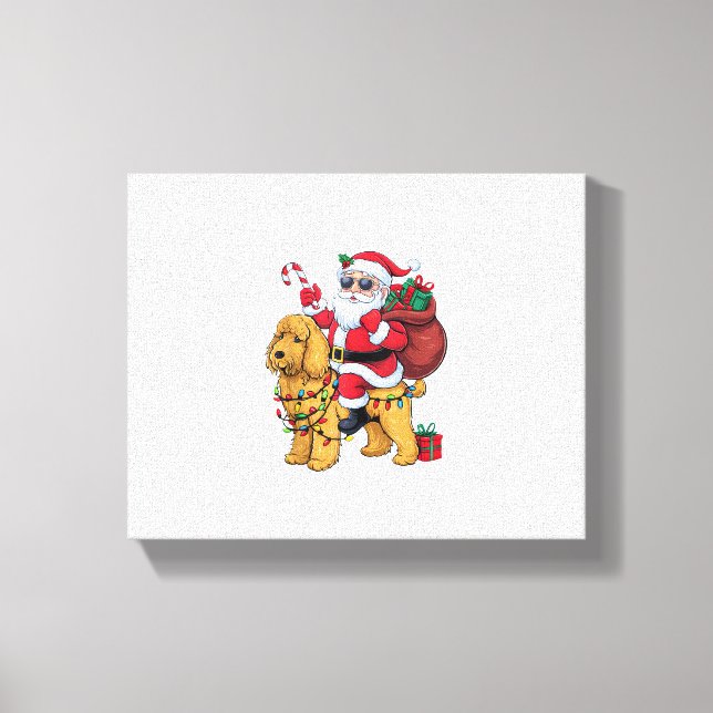 Julafton Lighting Santa Riding Goldendoodle Hund K Canvastryck (Framsida)