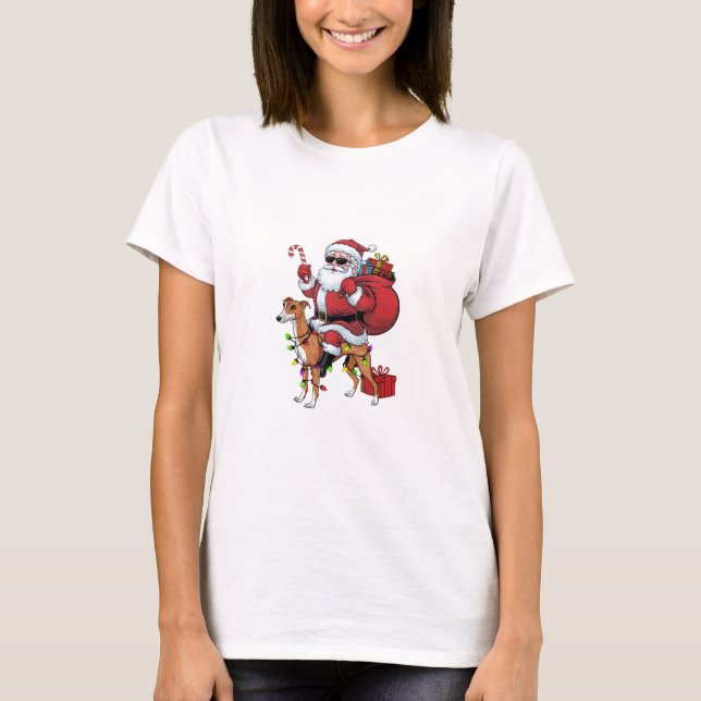 Julafton Lighting Santa Riding Greyhound Hund jul T Shirt (Framsida)