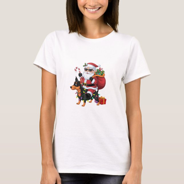 Julafton Lighting Santa Riding Miniature Pinscher  T Shirt (Framsida)