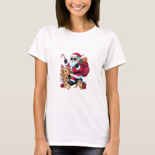 Julafton Lighting Santa Riding Yorkie Hund jul T Shirt