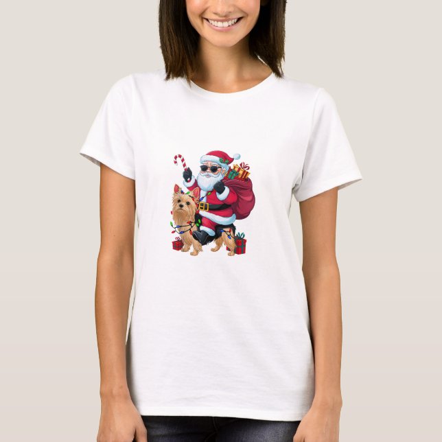 Julafton Lighting Santa Riding Yorkie Hund jul T Shirt (Framsida)