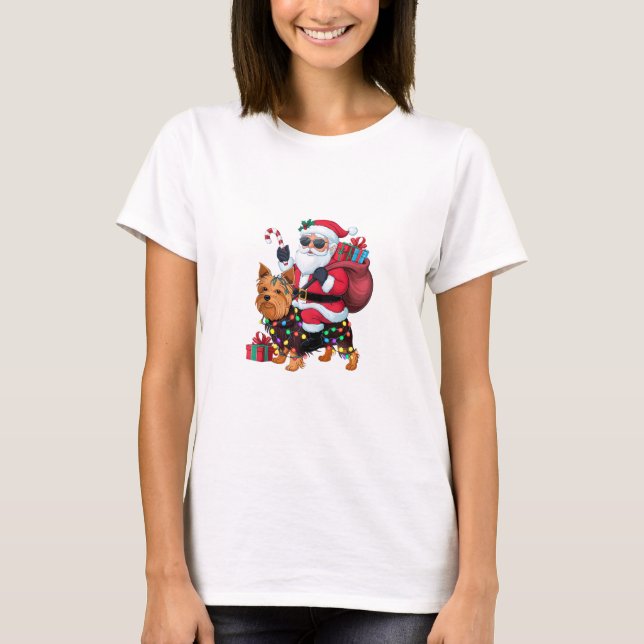 Julafton Lighting Santa Riding Yorkshire Terrier H T Shirt (Framsida)