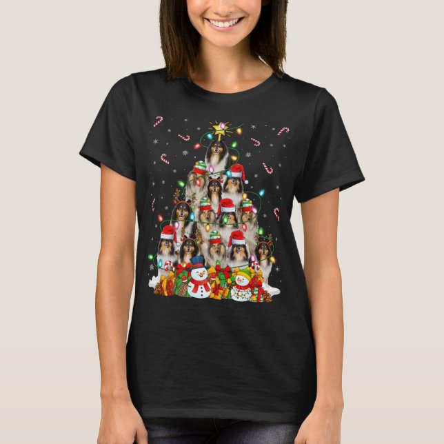 Julafton Lighting Santa Rough Collie Hund jultre T Shirt (Framsida)