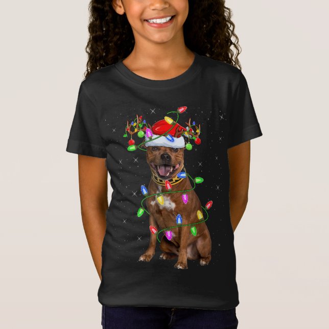 Julafton Lighting Santa Stafford Bull Terrier Hund T Shirt (Framsida)