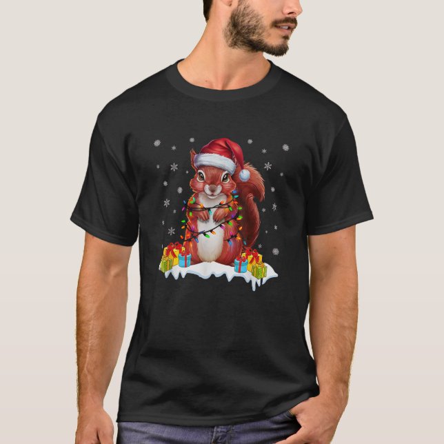 Julafton Lighting Squirrel Wearing Santa Hat Ugly  T Shirt (Framsida)