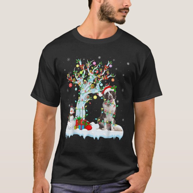 Julafton Lighting Träd Santa Hat Gräns Collie Hund T Shirt (Framsida)