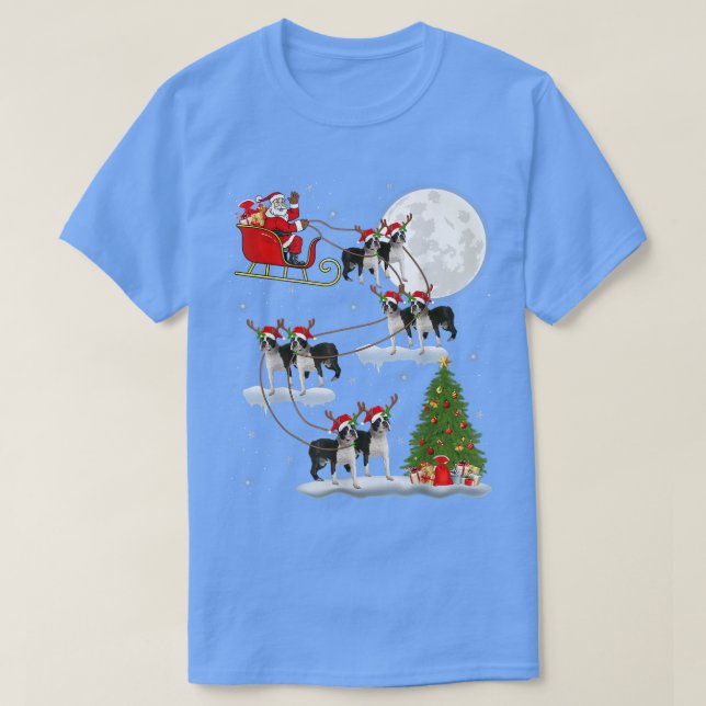 Julafton Lighting Träd Santa Riding Boston Terrier T Shirt (Design framsida)