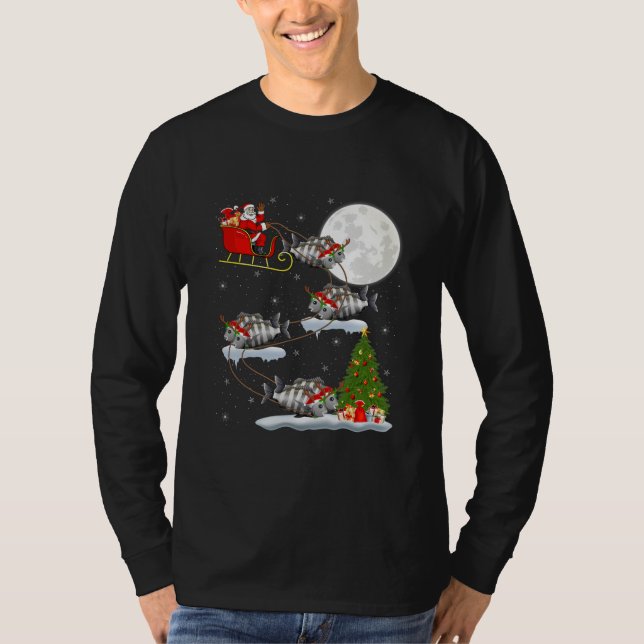 Julafton Lighting Träd Santa Riding Sheepshead Fis T Shirt (Framsida)