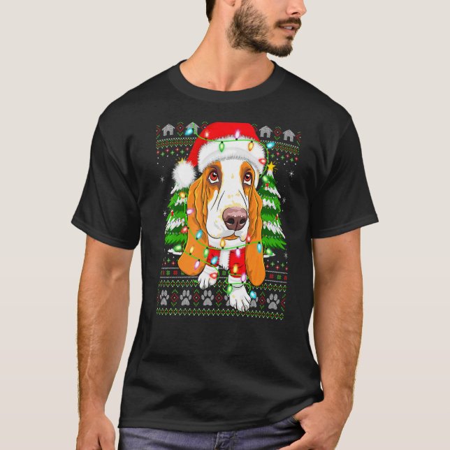 Julafton Lighting Ugly Santa Basset Hound-jul T Shirt (Framsida)