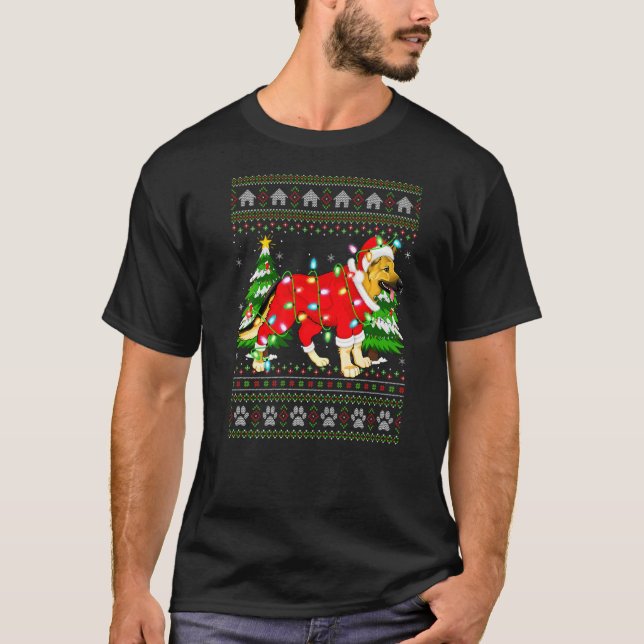 Julafton Lighting Ugly Santa German Shepherd-jul T Shirt (Framsida)