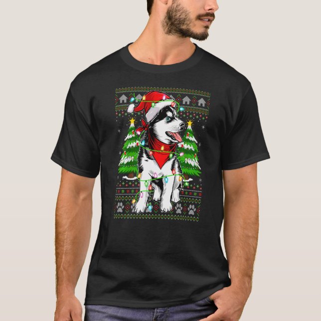 Julafton Lighting Ugly Santa Siberian husky jul T Shirt (Framsida)