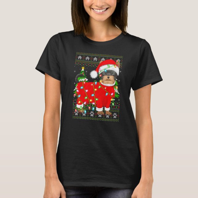 Julafton Lighting Ugly Santa Yorkshire Terrier Chr T Shirt (Framsida)
