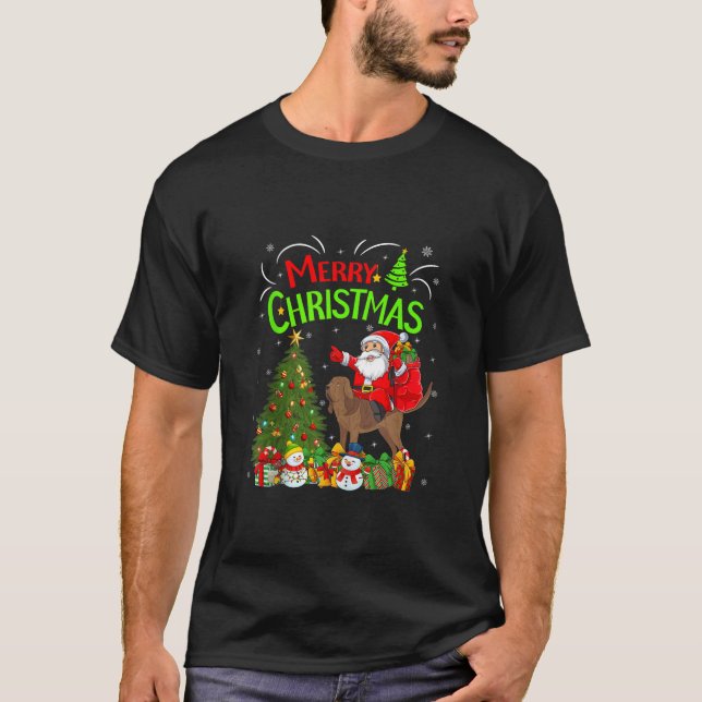 Julafton Ljus Santa Riding Rhodesian Ridgeback Hun T Shirt (Framsida)