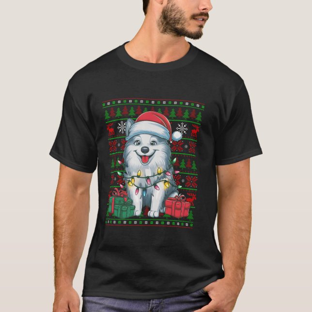 Julafton Ljus Ugly Santa Hat American Eskimo Hund  T Shirt (Framsida)