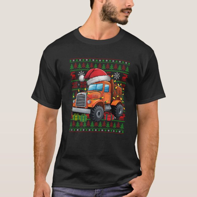 Julafton Ljus Ugly Santa Hat Construction Lastbil  T Shirt (Framsida)