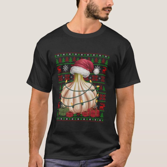 Julafton Ljus Ugly Santa Hat Vegetable Vitlic Kris T Shirt (Framsida)