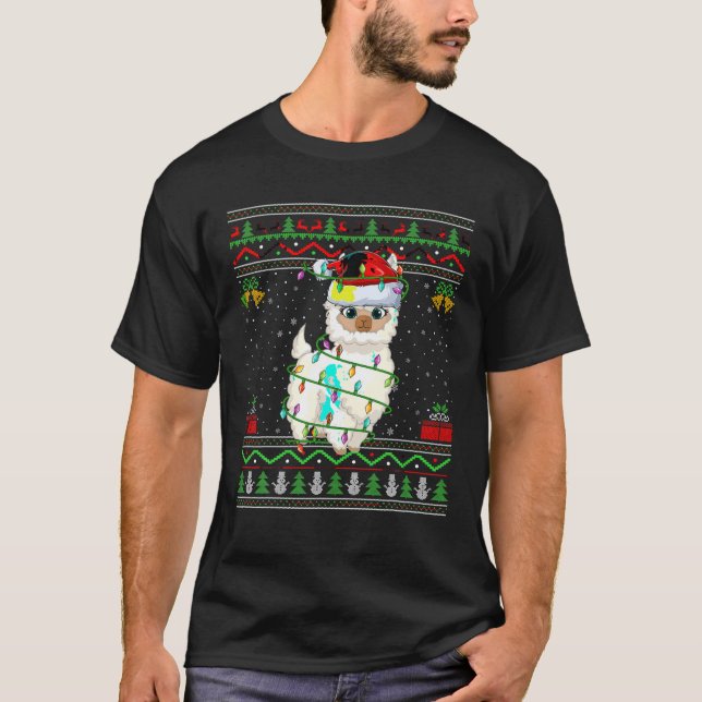 Julafton Ljus Ugly Sweater Stil Santa Llama Christ T Shirt (Framsida)