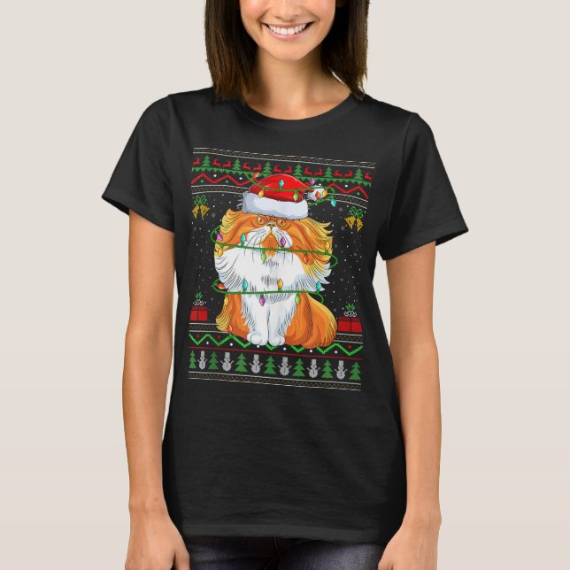 Julafton Ljus Ugly Sweater Stil Santa Persian Cat  T Shirt (Framsida)