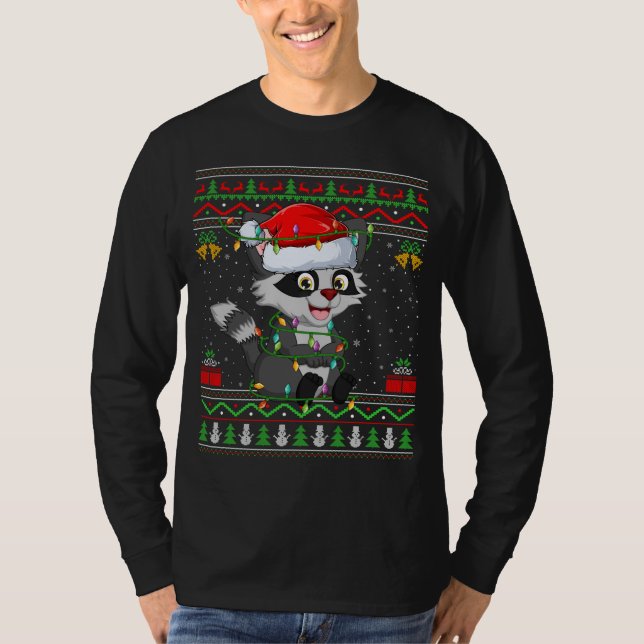 Julafton Ljus Ugly Sweater Stil Santa Raccoon Chri T Shirt (Framsida)