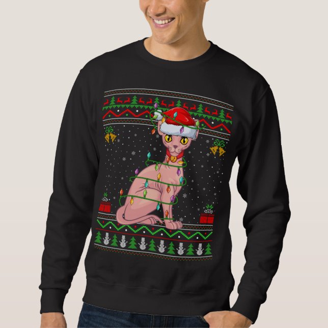 Julafton Ljus Ugly Sweater Stil Santa Sphynx Ch Lång Ärmad Tröja (Framsida)