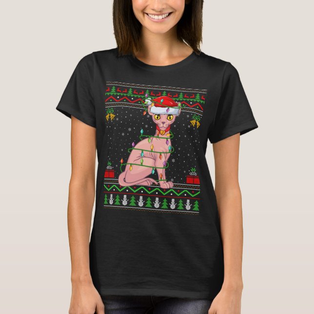 Julafton Ljus Ugly Sweater Stil Santa Sphynx Ch T Shirt (Framsida)
