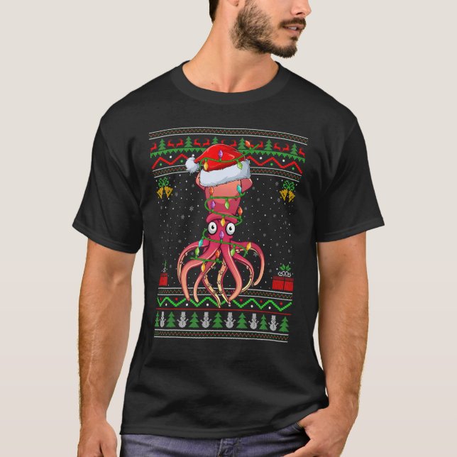 Julafton Ljus Ugly Sweater Stil Santa Squid Christ T Shirt (Framsida)