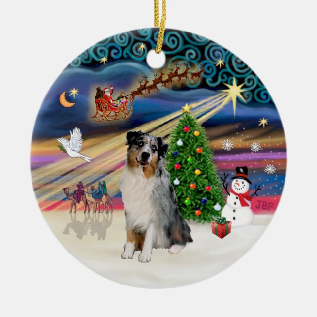 Julafton Magic - Aussie Shepherd (merle) Julgransprydnad Keramik (Framsidan)