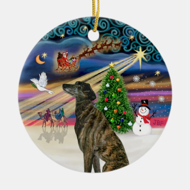 Julafton Magic - Brindle Greyhound Julgransprydnad Keramik (Framsidan)