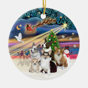 Julafton Magic - Fem Welsh Corgis Julgransprydnad Keramik