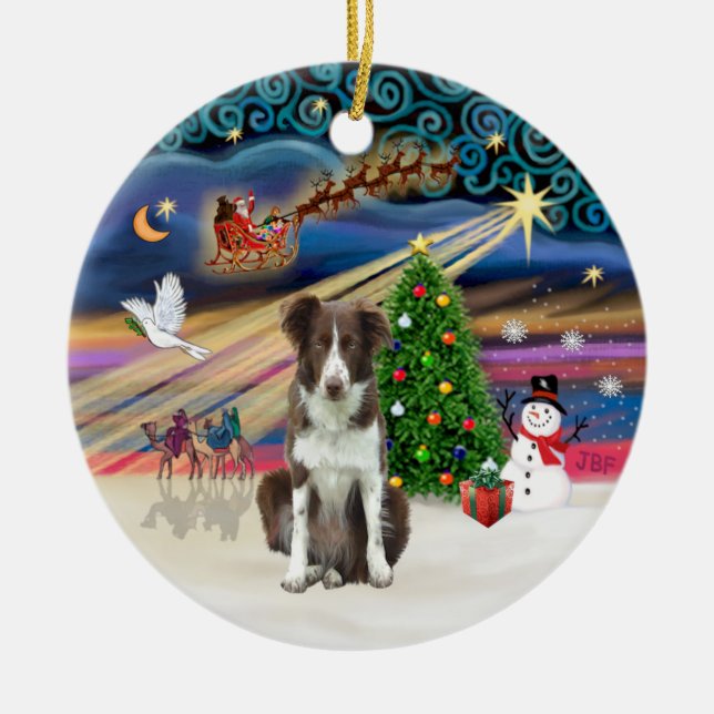 Julafton Magic - Gräns Collie (brunvit) Julgransprydnad Keramik (Framsidan)